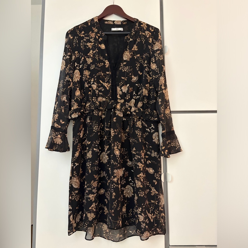 Mango Black Floral Long Sleeve Dress with Tan Botanical Print